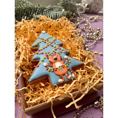 Имбирный пряник "Голубая елочка с тигренком" - магазин CookieCraft